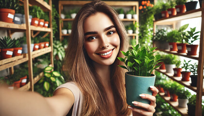 Young Woman Smiling While Holding a Plant in a Store &ndash; Close-Up Selfie
