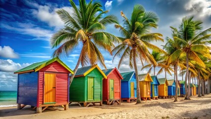 Fototapeta premium Colorful huts and palm trees on a sandy beach with a stunning background, tropical, vibrant, scenic, vacation, paradise