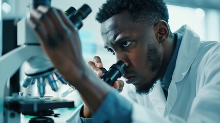 Scientist examining samples under a microscope in modern lab research setting.