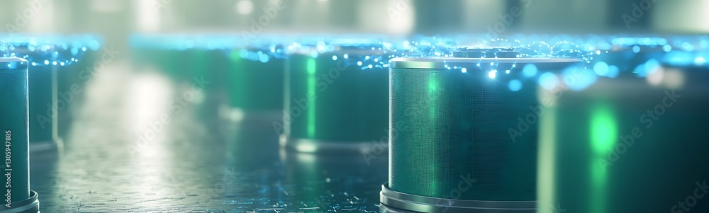 Poster high-tech green hydrogen storage tanks designed for futuristic applications.