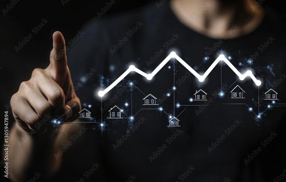Poster person pointing at digital graph with house icons and lines