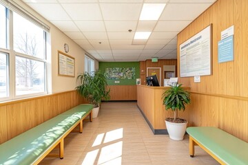 Bright, modern veterinary clinic waiting room with comfortable seating, reception desk, and plants.