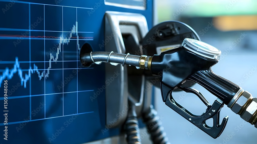 Poster close up view of a fuel pump nozzle connected to a financial data graph pulling the nozzle upward li