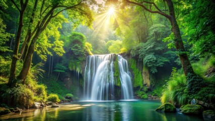 waterfall surrounded by lush green forest with sunlight filtering through the trees, scenery, wilderness ,  scenery