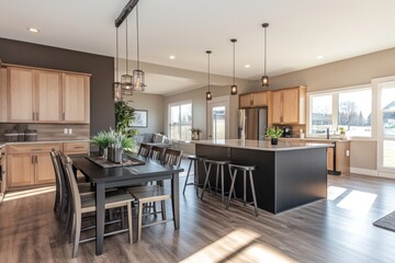 Bright, open-concept kitchen with dining area, island, and large windows.