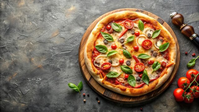 Delicious pizza with melted cheese and fresh toppings on a rustic grey background, pizza