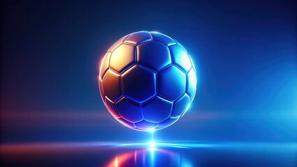Fototapeta premium Glowing neon soccer ball suspended in mid-air above a deep blue gradient background, with subtle light reflections and a sense of dynamic movement , Visual Effects, Soccer Ball