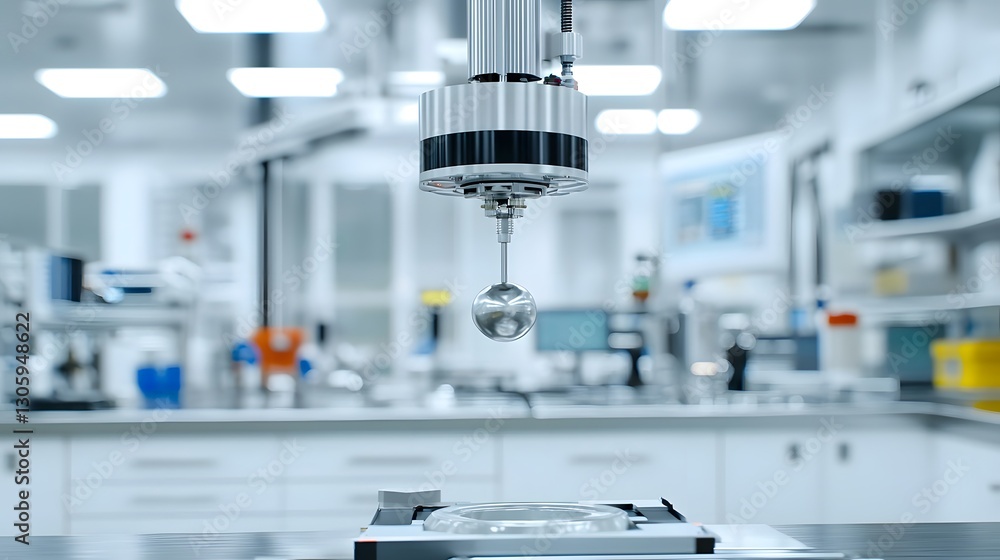 Poster Close up view of a sophisticated magnetic levitation system effortlessly suspending and lifting a small metallic object in a clean industrial laboratory environment