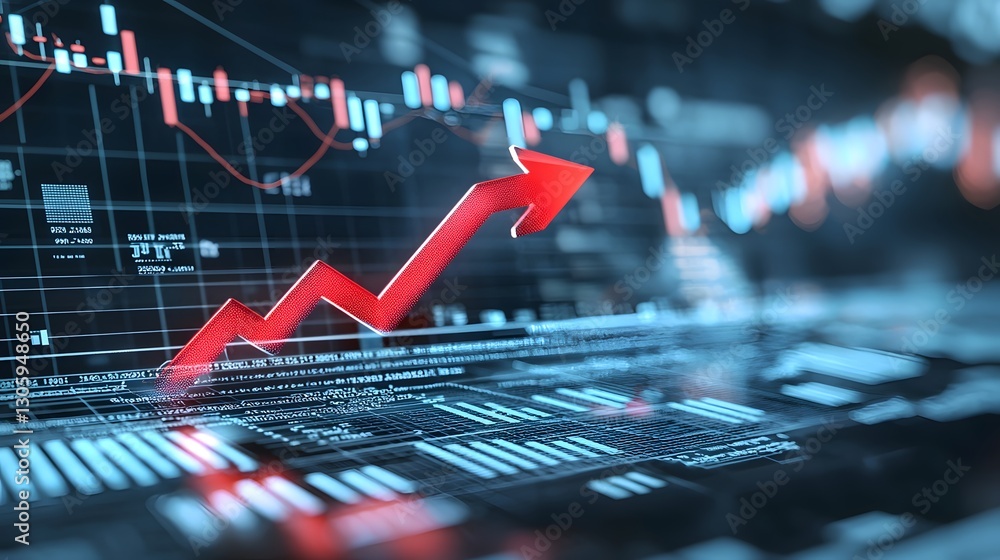 Poster close up view of a red downward trending arrow displayed on a financial market chart symbolizing eco