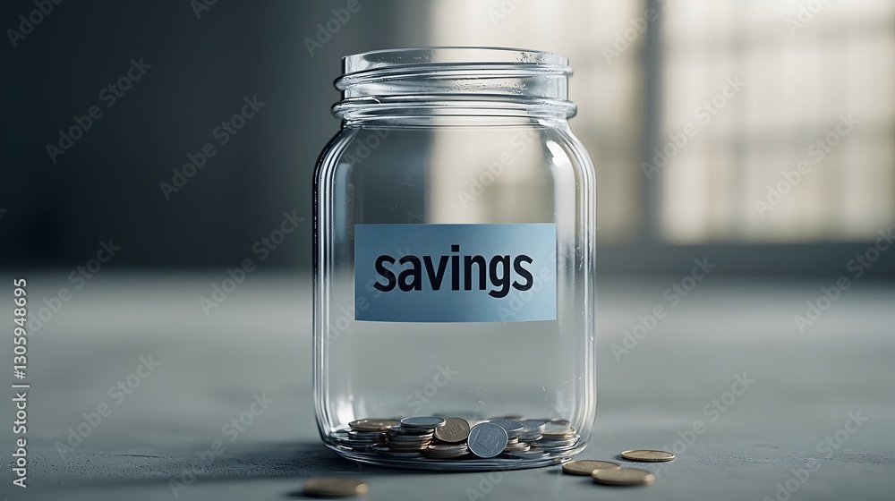 Poster Close up view of a transparent glass jar with a label that reads  Savings  and only a few coins visible at the bottom representing the concept of saving money and financial planning for the future
