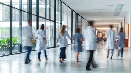 Medical professionals walking in modern hospital corridor healthcare setting action shot dynamic environment