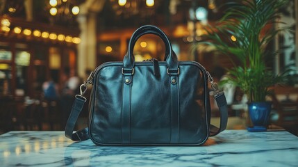 Leather briefcase on marble table, cafe background