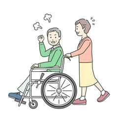 車椅子に座って怒る男性高齢者を介助する女性高齢者イラスト