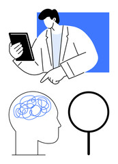Professional holding tablet beside tangled brain shape and magnifying glass icon. Ideal for mental health, problem-solving, diagnosis, analysis, psychology, decision-making, research. Flat simple