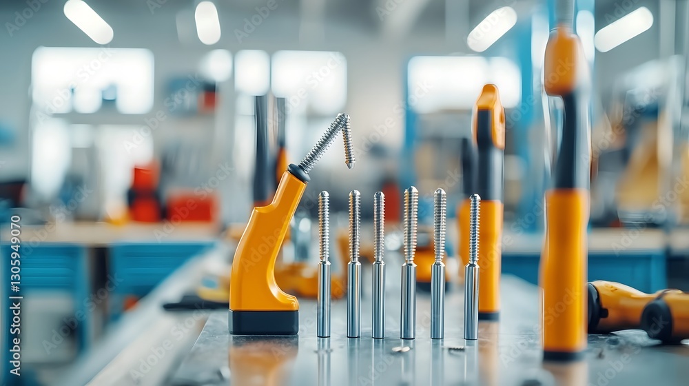 Poster closeup image of a set of magnetic screwdrivers lifting and picking up small metal screws on a clutt