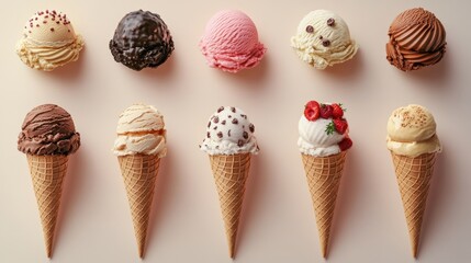 Colorful Ice Cream Cones in a Row on a Soft Background