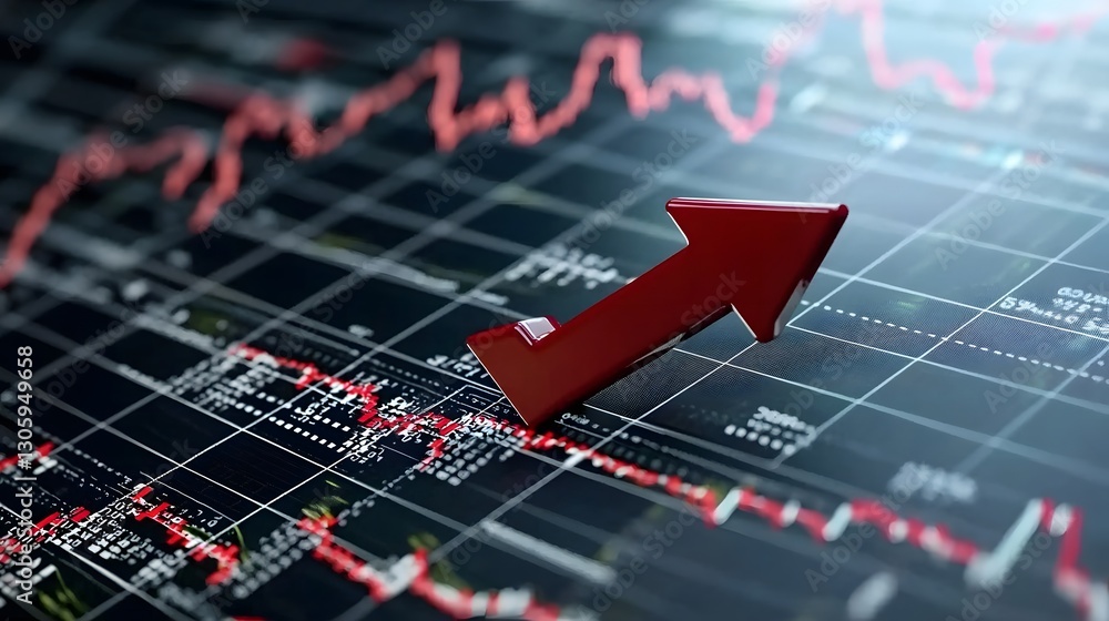Poster closeup of a striking red downward arrow on a financial market chart or graph representing a negativ