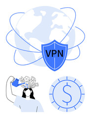 VPN shield on a global network, woman watering flowers sprouting from the head, dollar coin icon. Ideal for privacy, technology, finance, security, creativity, innovation growth flat simple