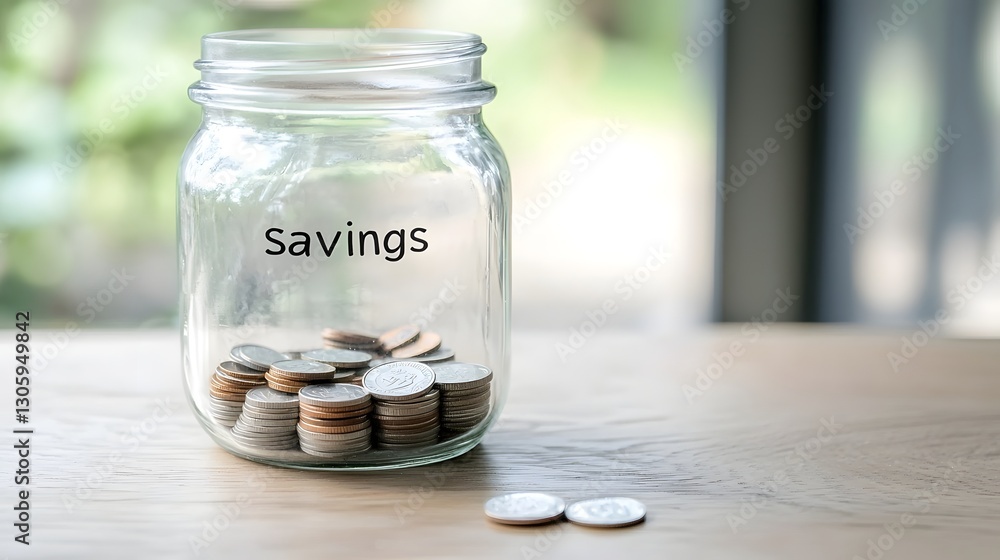 Aufkleber closeup of an empty glass jar labeled savings containing only a few coins at the bottom symbolizing 