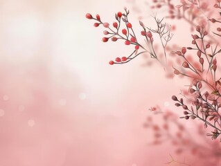 Fototapeta premium Soft pink background with plant elements and red berry branches, perfect for text overlay or design elements