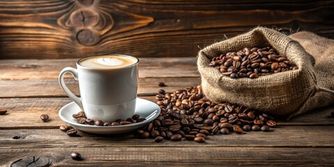 Coffee latte in a ceramic cup with frothy milk and a side of roasted coffee beans in a burlap sack on a rustic wooden background