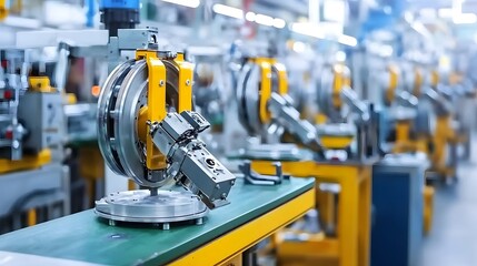 Fototapeta premium Closeup view of heavy duty magnetic clasps securely fastening metallic industrial components together on an automated assembly line in a modern factory or manufacturing facility
