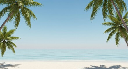 Tropical Beach Paradise: Palm trees frame a serene tropical beach scene, their lush fronds creating a natural border against the turquoise ocean and pristine white sand.