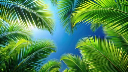 Fototapeta premium Tropical palm leaves in vibrant green colors against a clear blue sky , tropical, palm leaves, foliage, tropical vibes