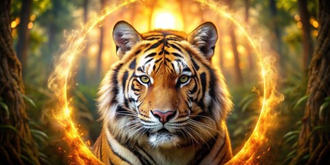 Obraz premium A majestic tiger's face is framed by a halo of golden light, its piercing eyes seem to burn with an inner fire as it gazes into the distance , wild cat, jungle