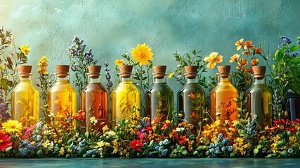 Colorful herbal tinctures lined up, flowers, teal background. Possible use Stock photo for health and wellness, herbal products