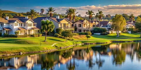 Obraz premium Row of modern houses scattered across a lush green golf course in Eastlake Chula Vista California USA surrounded by trees and water features , landscape photography, serene views
