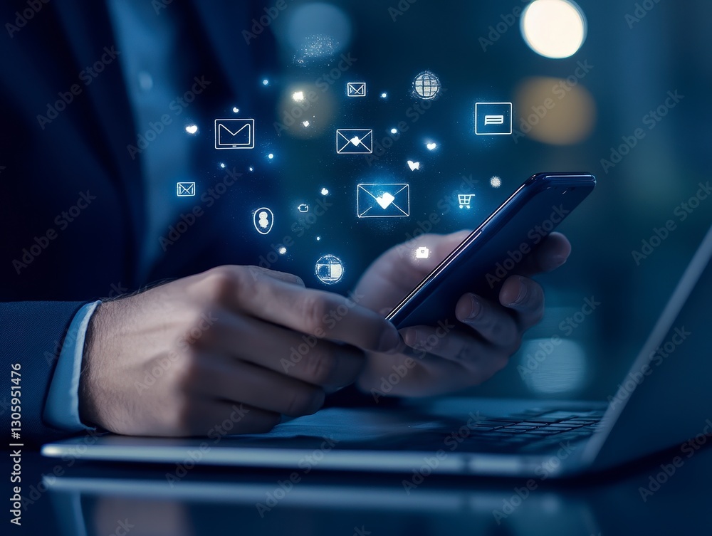 Poster person using smartphone with floating digital icons in background