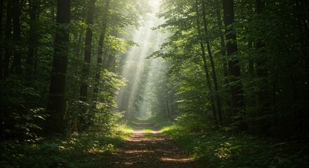 Obraz premium Pathway to Serenity: Sunlight filters through a dense canopy of trees, illuminating a peaceful forest trail. The path invites exploration, capturing a sense of tranquility and natural beauty.