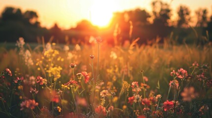 Vibrant sunrise illuminates blooming field with colorful flowers