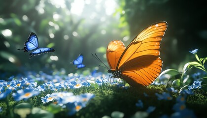 Singular orange butterfly basking in the sunlight while blue butterflies hover around