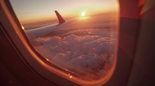 Sunset view from airplane window with wing above clouds