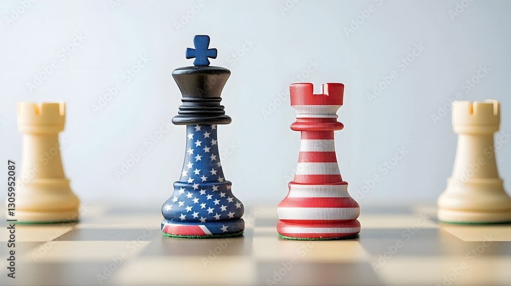 Aufkleber detailed view of two chess king pieces decorated with american and russian flag patterns standing to