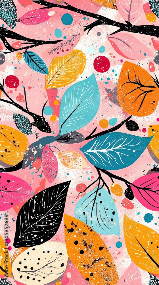 Poster colorful abstract leaves and branches pattern on light background with creative design elements