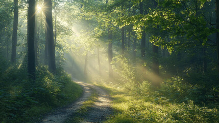 Obraz premium Serene morning walk through a misty forest path nature scene tranquil environment beautiful lighting
