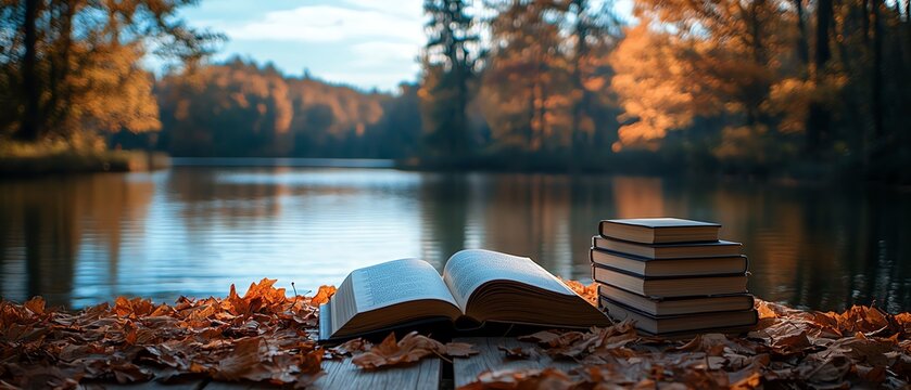 Autumnal landscape featuring an open book on a wooden table by a calm lake