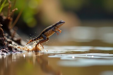 Fototapeta premium A small amphibian gracefully leaps across a tranquil body of water, its patterned skin glistening in the sun's gentle rays, a captivating display of nature's agility and beauty.