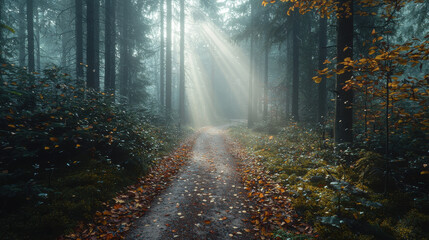 Obraz premium Mysterious forest trail enchanted woods nature scene misty environment serene view tranquility and reflection