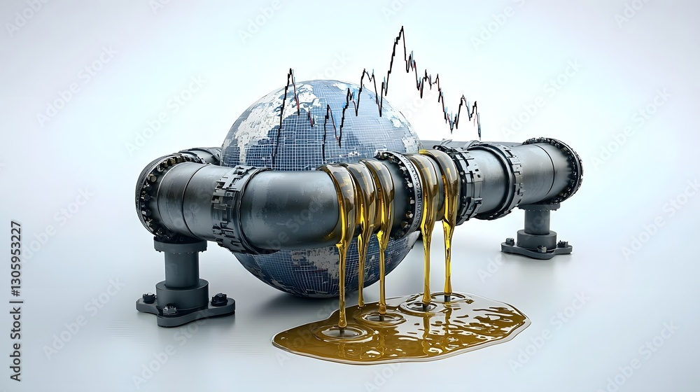 Aufkleber image depicting a globe wrapped in an oil pipeline with dripping oil forming a dynamic financial cha