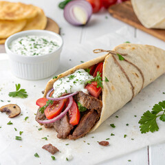 chicken and vegetable wrap on a white background.