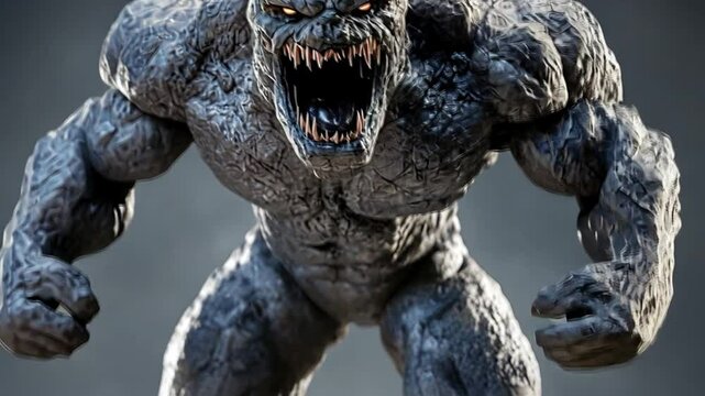 A fearsome, grey-skinned monster with glowing red eyes and large, menacing teeth.