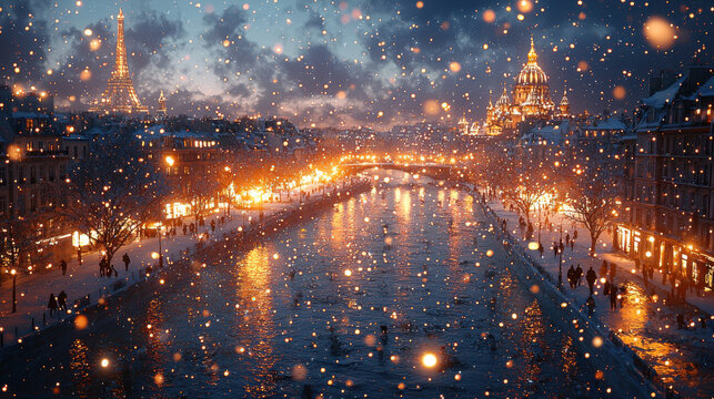 Winter evening serenity snowfall over seine river paris cityscape nighttime scenic beauty