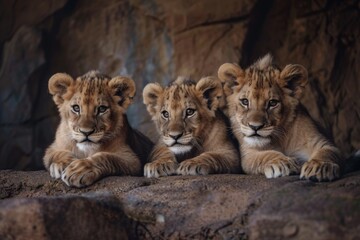 Three adorable lion cubs relaxing in their natural habitat under soft natural lighting