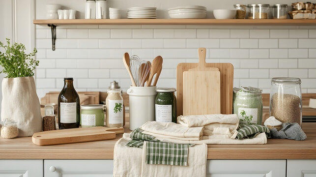 zero-waste kitchen with a variety of eco-friendly products like bamboo cutting boards, cloth dish towels, and compostable items neatly organized on the counter 