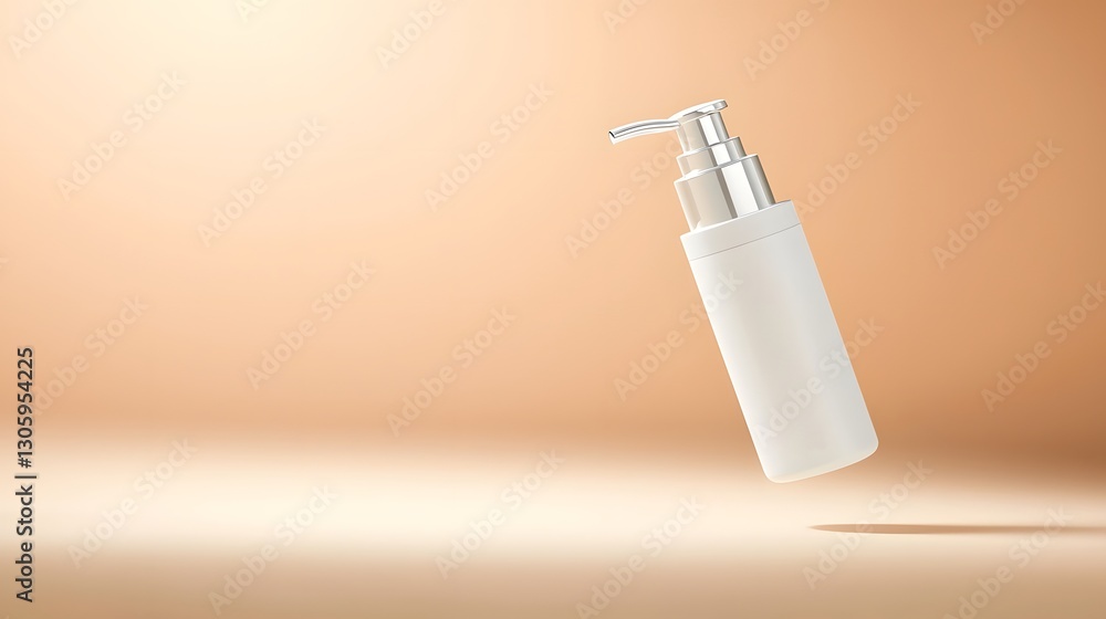 Poster Minimalist matte white plastic pump bottle with a clean cylindrical shape floating on a soft gradient background