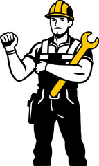 A confident and muscular construction worker mascot wearing a hard hat and suspenders, holding a large yellow wrench while making a strong fist gesture.